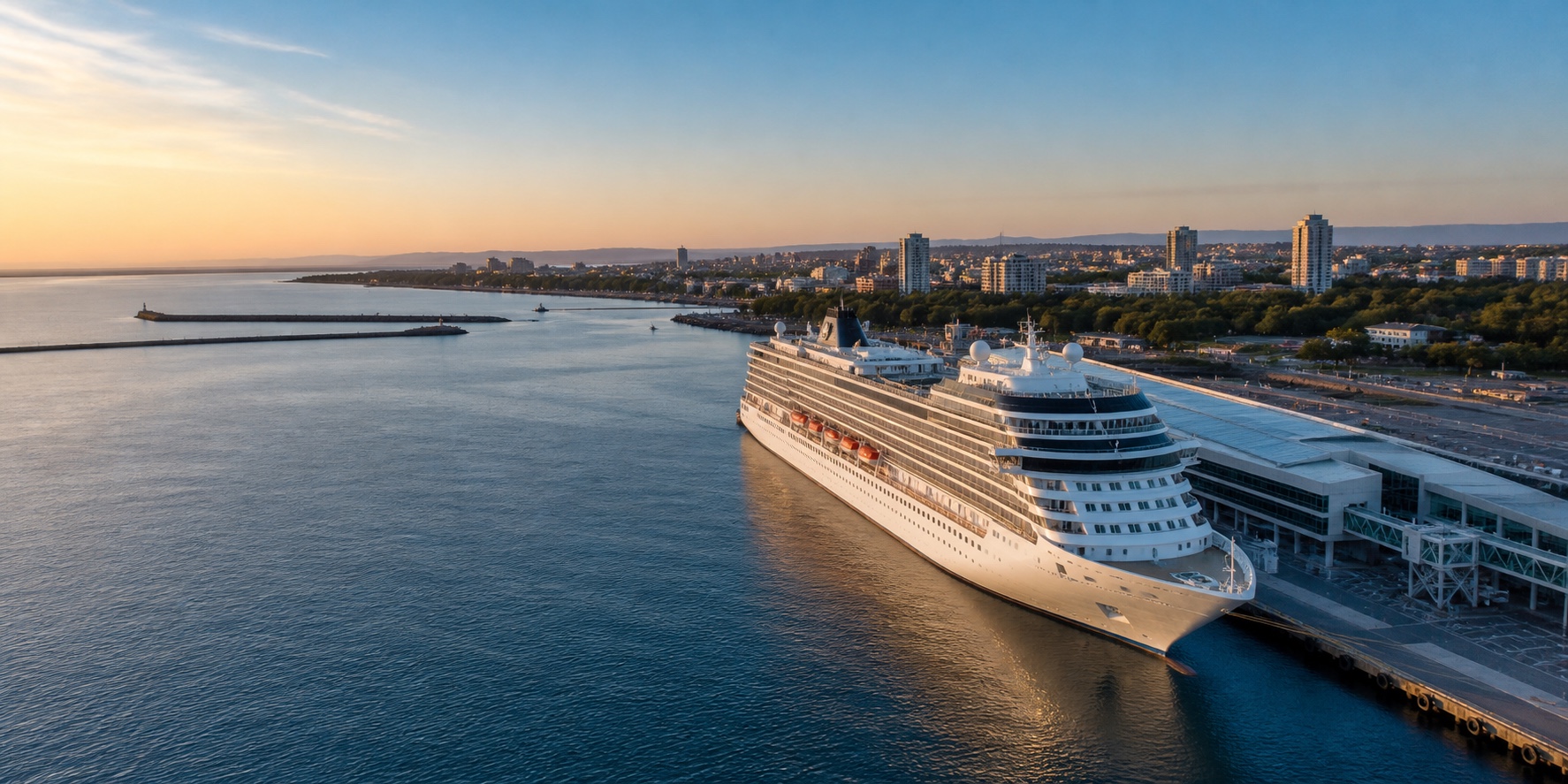 Cruise ship beside a coastal terminal at dawn
